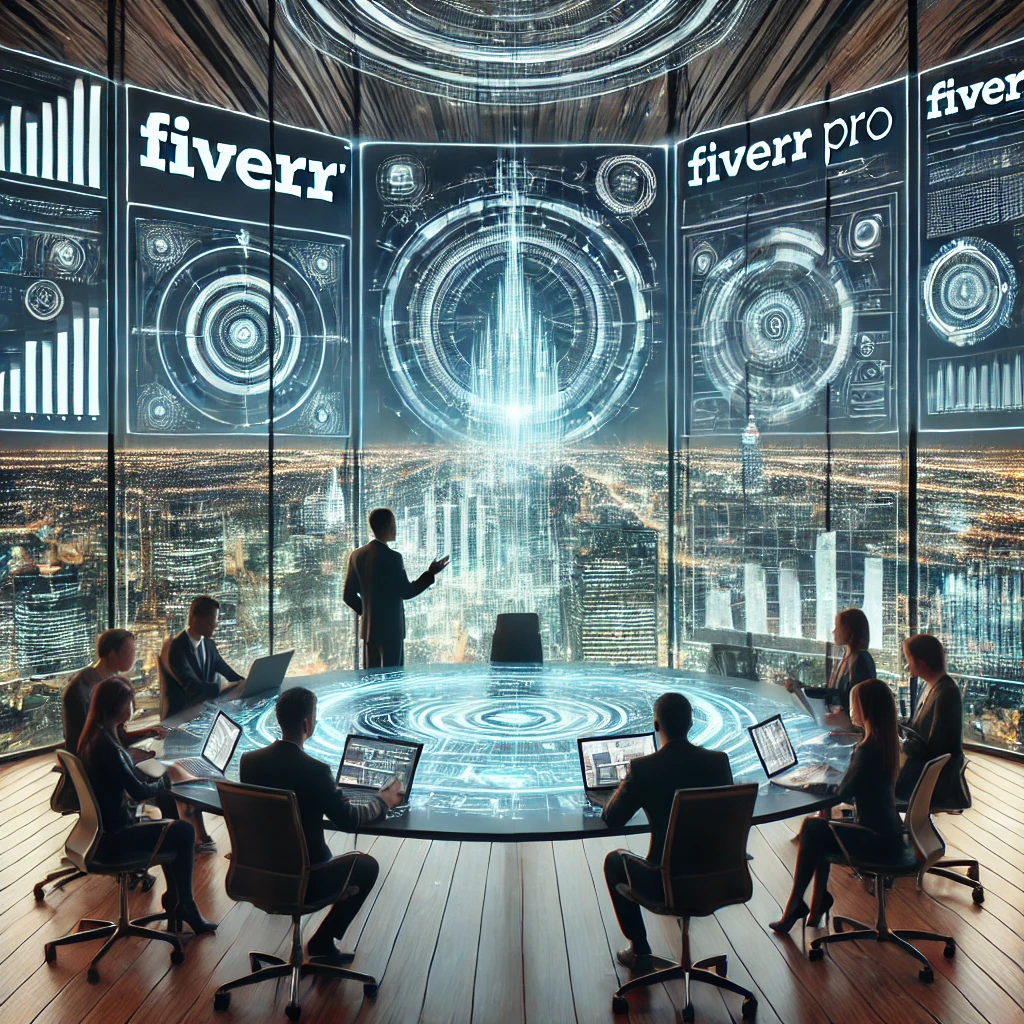 "A futuristic business meeting where entrepreneurs and freelancers collaborate using Fiverr Pro on high-tech interactive screens, symbolizing innovation and success in 2025."