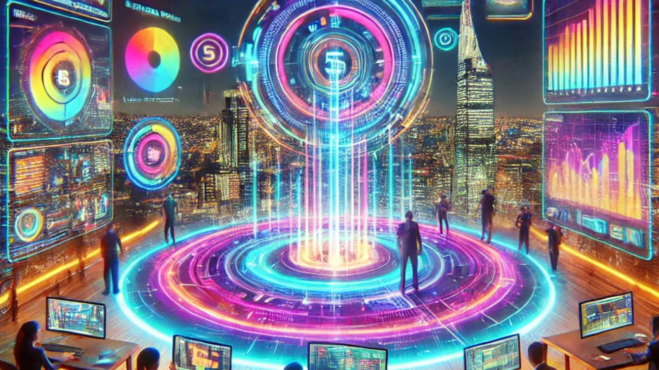"A vibrant and futuristic workspace where business owners and freelancers collaborate using Fiverr Pro on interactive digital screens, symbolizing innovation, success, and business growth in 2025."