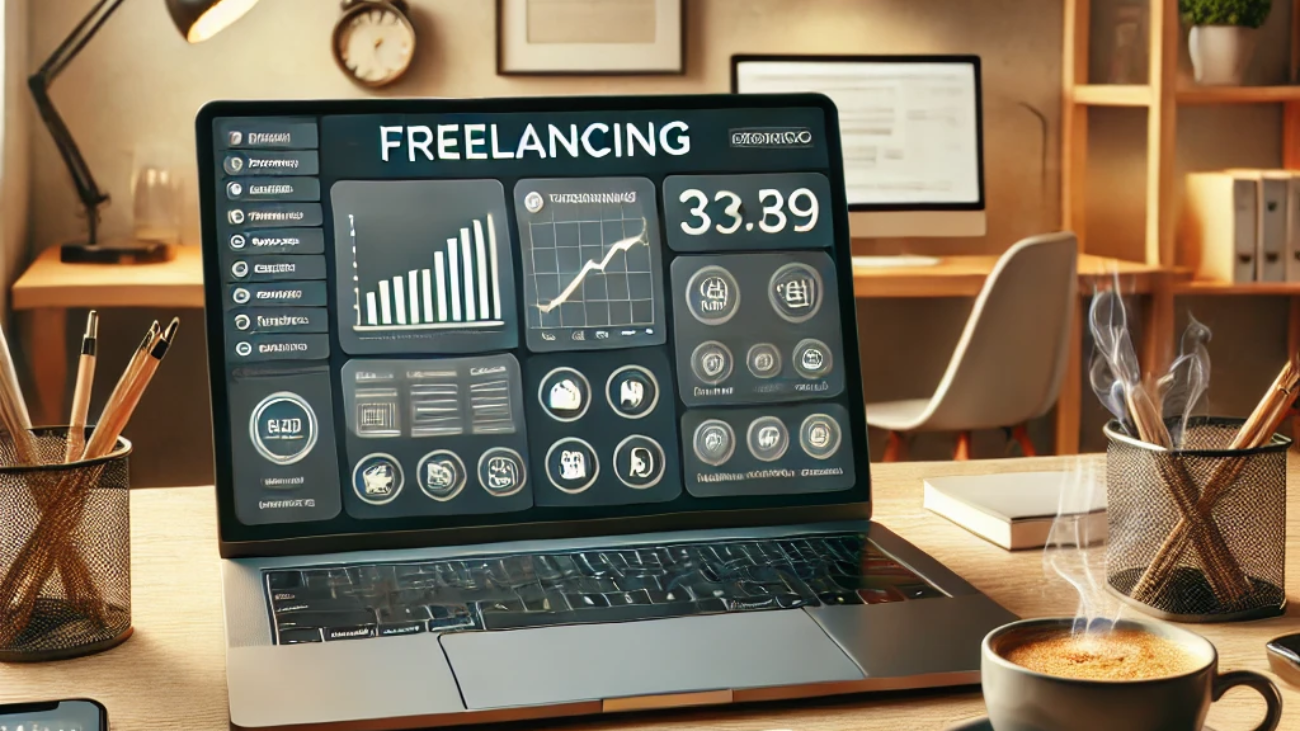 A modern freelancing workspace with a laptop, coffee cup, and notepad in a cozy home office.
