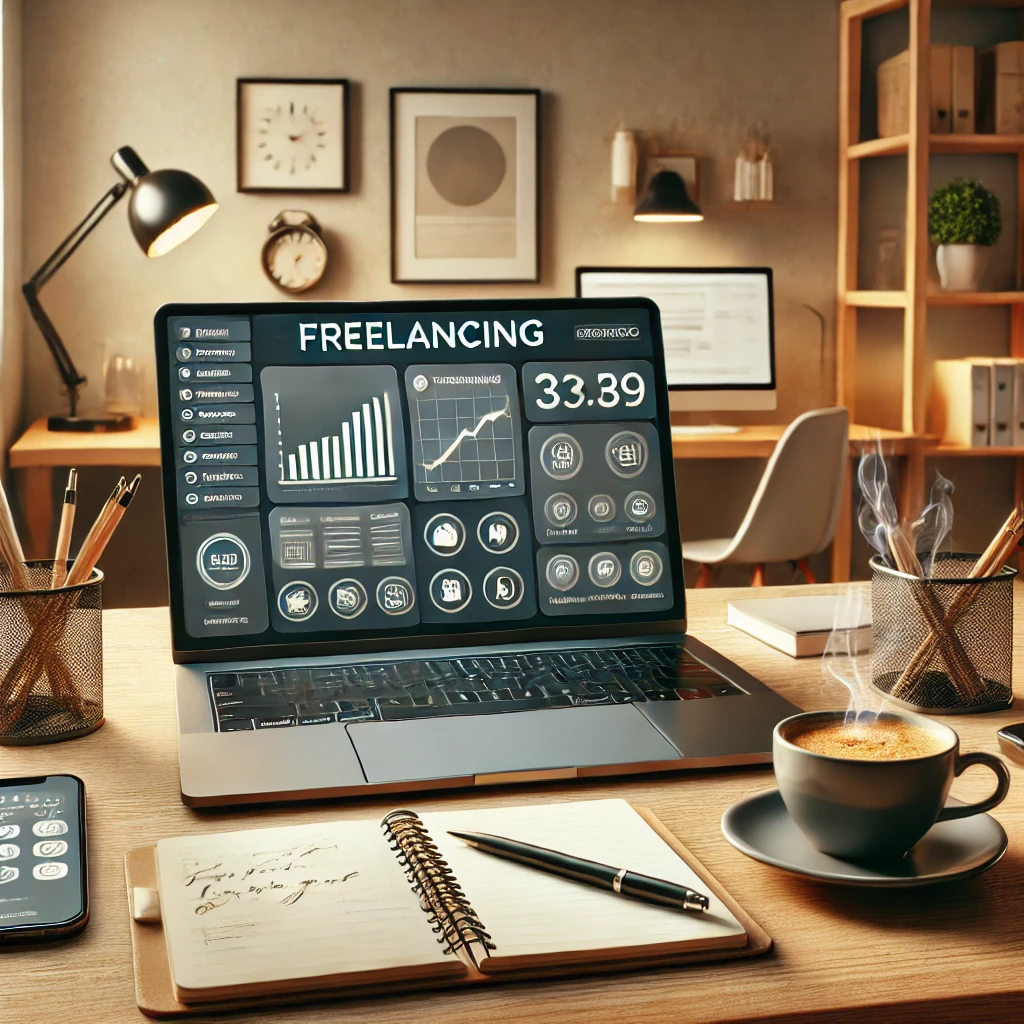 A modern freelancing workspace with a laptop, coffee cup, and notepad in a cozy home office.