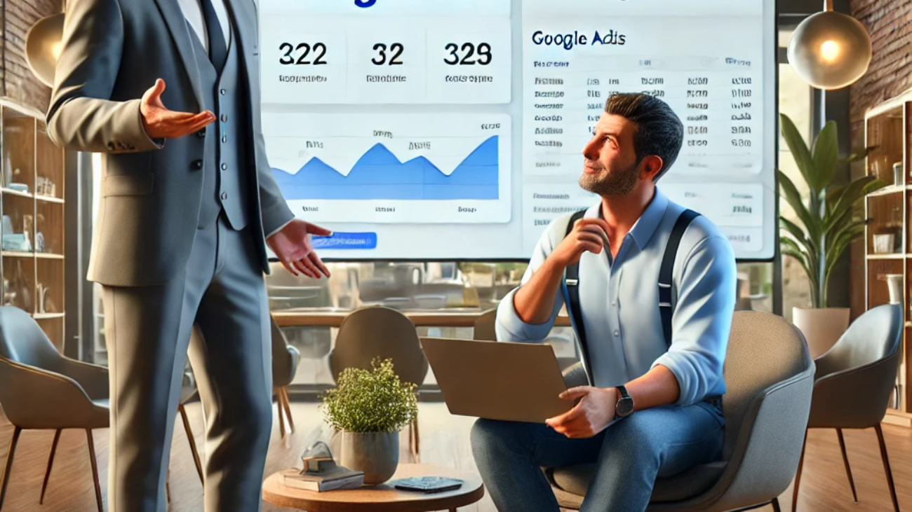 Fiverr Pro expert explaining Google Ads strategies to a small business owner in a modern shop, with a large screen displaying data analytics and a Google Ads dashboard.
