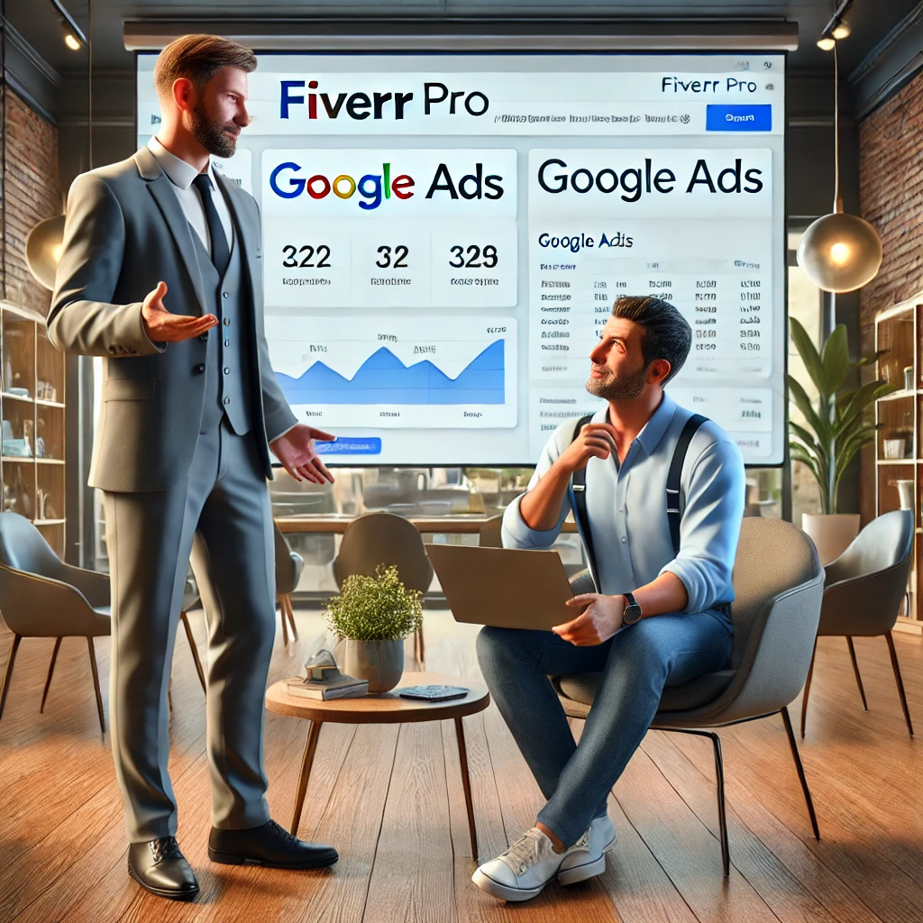 Fiverr Pro expert explaining Google Ads strategies to a small business owner in a modern shop, with a large screen displaying data analytics and a Google Ads dashboard.