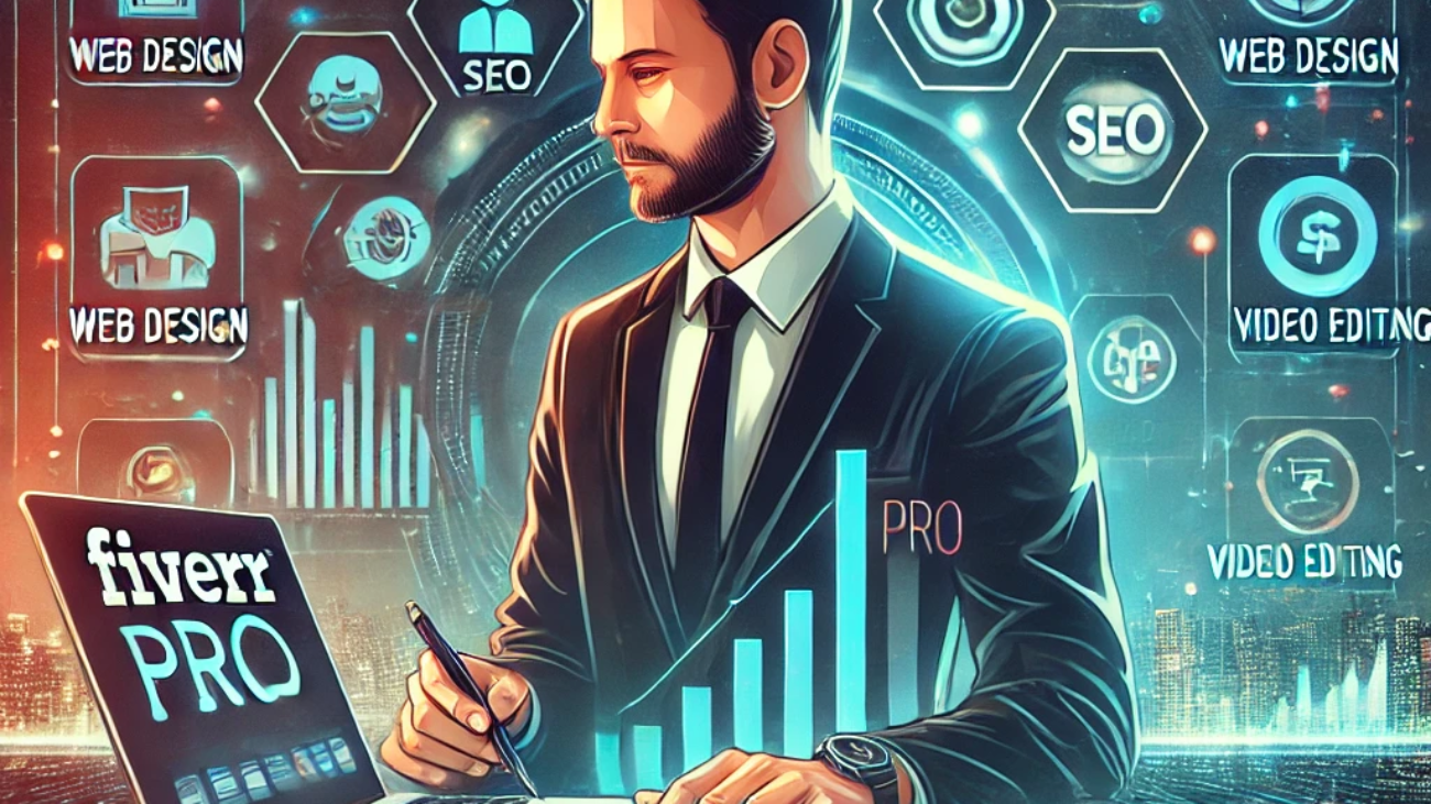 A business professional using a laptop displaying Fiverr Pro services like web design, SEO, branding, and video editing, highlighting the premium marketplace for expert freelancers.