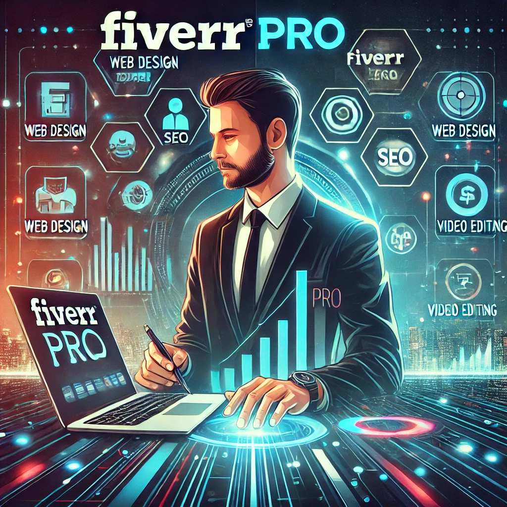 A business professional using a laptop displaying Fiverr Pro services like web design, SEO, branding, and video editing, highlighting the premium marketplace for expert freelancers.