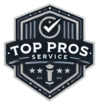 A professional and minimalist logo for "Top Pros Service," featuring a sleek, bold font with a premium color palette. The design includes a subtle icon representing trust and expertise, making it ideal for branding and website use.