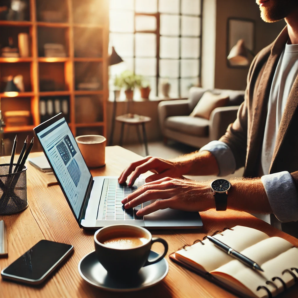 A freelancer working on a laptop in a cozy home office, representing what freelancing is and how it works.