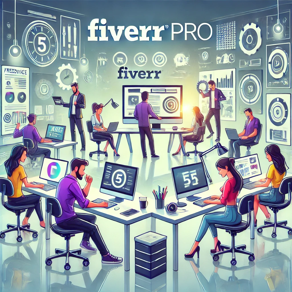 Freelancers working on Fiverr Pro projects in a digital office