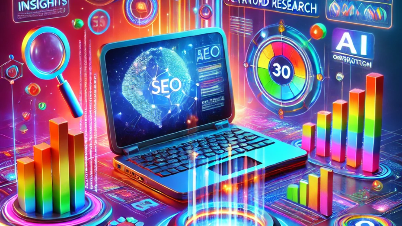 A vibrant 3D digital illustration of a futuristic SEO workspace featuring a laptop displaying SEO analytics, keyword research, and ranking graphs, surrounded by floating holographic elements like a magnifying glass, data charts, and AI-driven insights