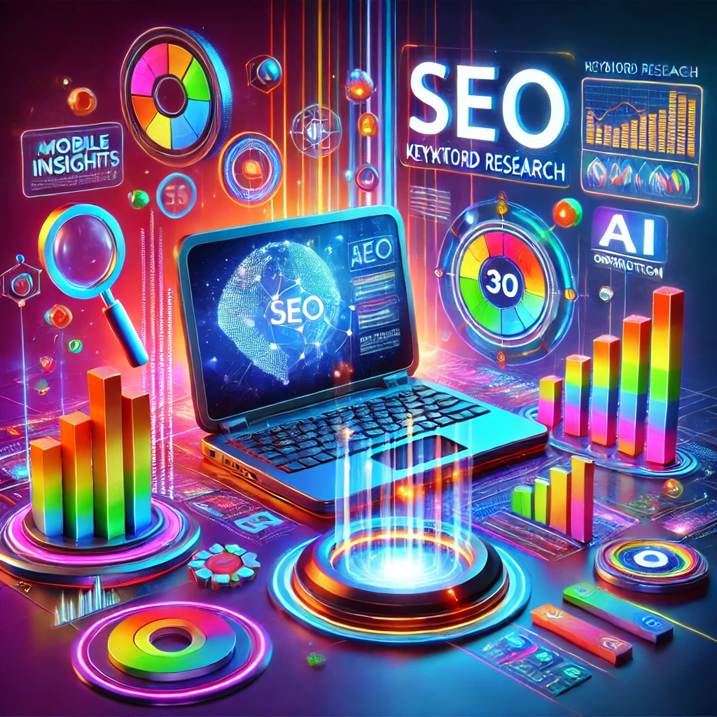 A vibrant 3D digital illustration of a futuristic SEO workspace featuring a laptop displaying SEO analytics, keyword research, and ranking graphs, surrounded by floating holographic elements like a magnifying glass, data charts, and AI-driven insights