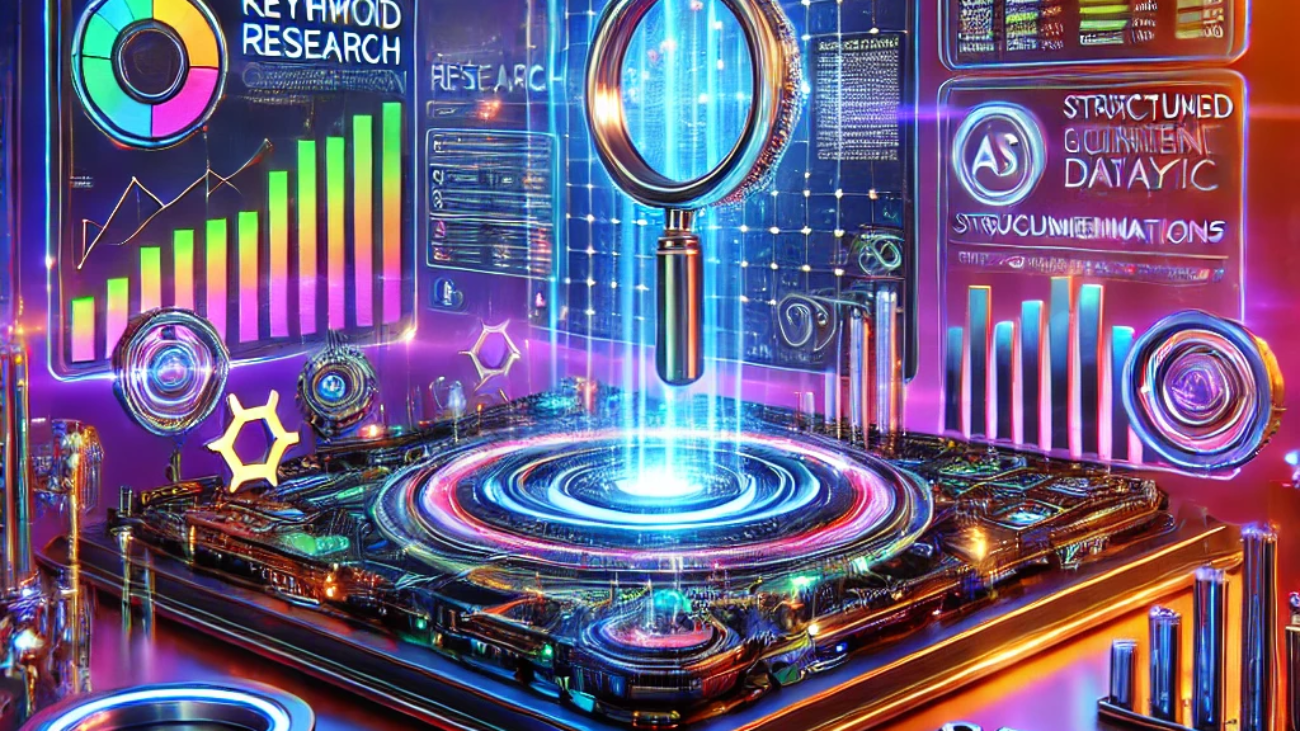 A vibrant 3D digital illustration of an advanced SEO content optimization workspace featuring a sleek computer screen displaying keyword research, ranking analytics, and AI-driven content insights, surrounded by glowing floating elements like charts, a magnifying glass, and search engine ranking graphs.