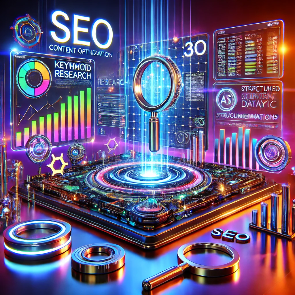 A vibrant 3D digital illustration of an advanced SEO content optimization workspace featuring a sleek computer screen displaying keyword research, ranking analytics, and AI-driven content insights, surrounded by glowing floating elements like charts, a magnifying glass, and search engine ranking graphs.