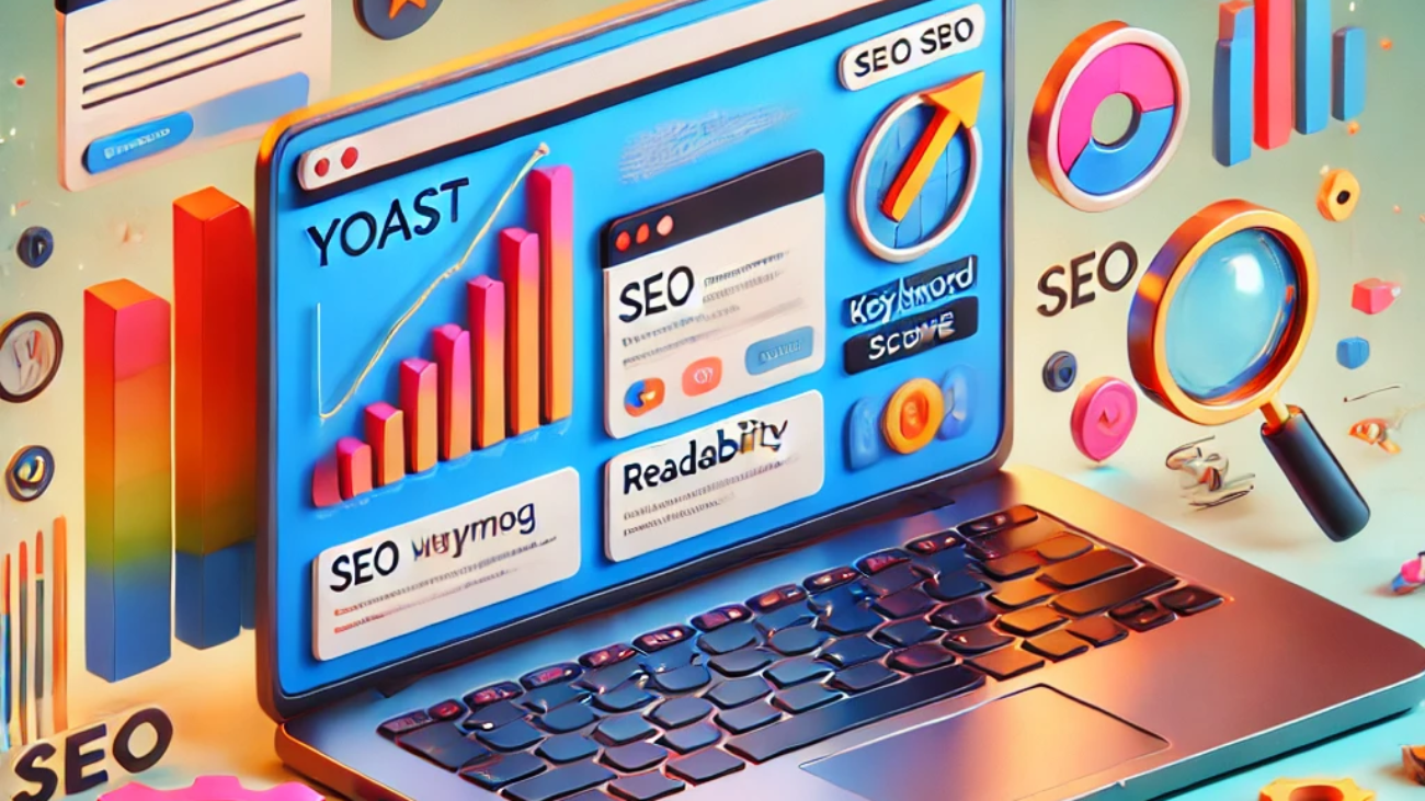 A 3D-style illustration of a laptop displaying the Yoast SEO plugin in a WordPress dashboard, surrounded by SEO-related elements like a magnifying glass, graph, and optimization icons.