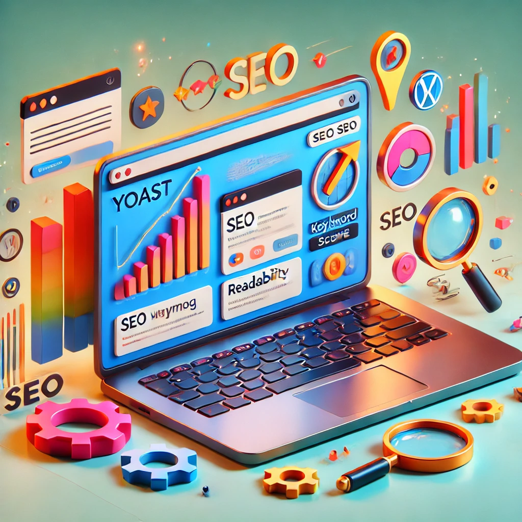 A 3D-style illustration of a laptop displaying the Yoast SEO plugin in a WordPress dashboard, surrounded by SEO-related elements like a magnifying glass, graph, and optimization icons.