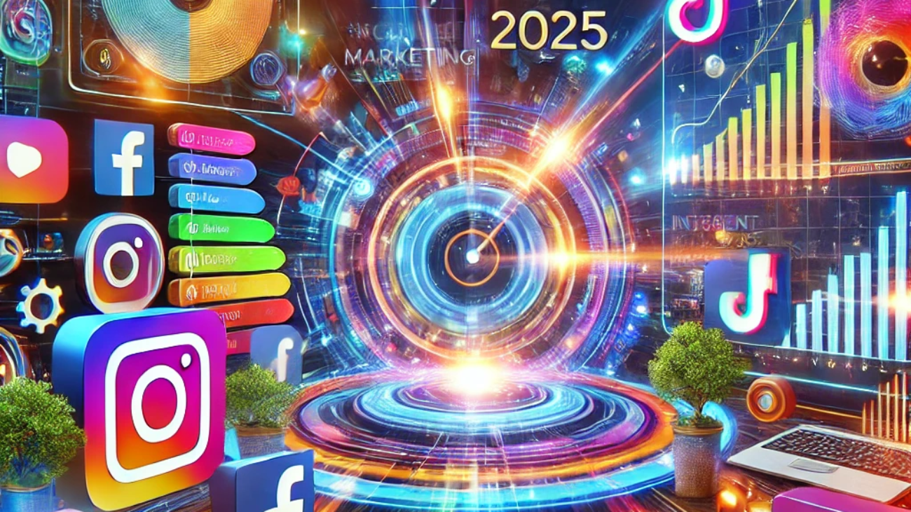 A futuristic digital marketing concept illustrating strategies to increase website traffic in 2025. The image features SEO analytics dashboards, social media elements (Facebook, Instagram, YouTube, TikTok), AI-powered marketing visuals, and content marketing symbols with neon lighting effects and a high-tech interface.