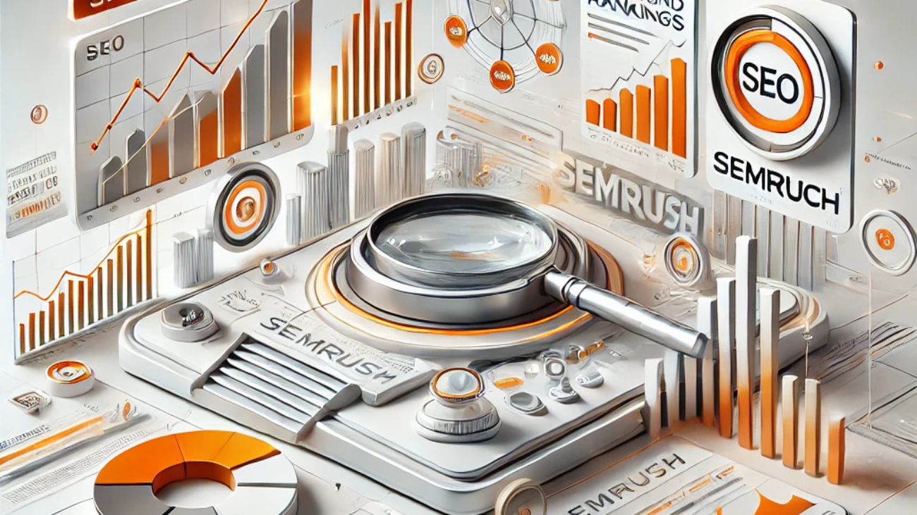 A digital illustration of the SEMrush SEO dashboard, displaying keyword rankings, backlink analysis, and competitive insights in a sleek, modern interface.