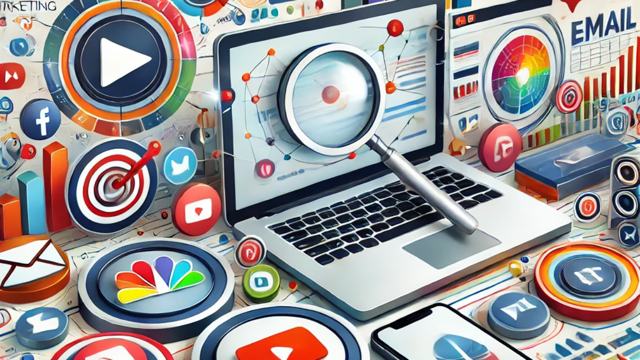 A vibrant infographic visually representing digital marketing strategies like SEO, social media, and PPC—essential for those looking to get digital marketing jobs.