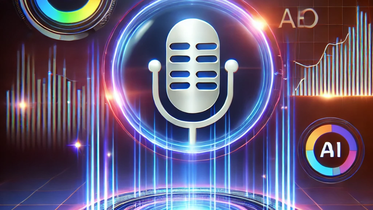 A futuristic digital concept of voice search optimization with a glowing microphone, AI-driven analytics, and search engine ranking indicators.
